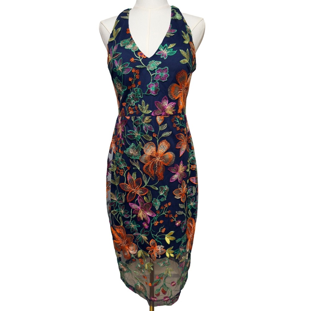 GUESS Navy Floral Embroidered Halter Midi Dress Multi-Strap Back GDSP5298 Size 4